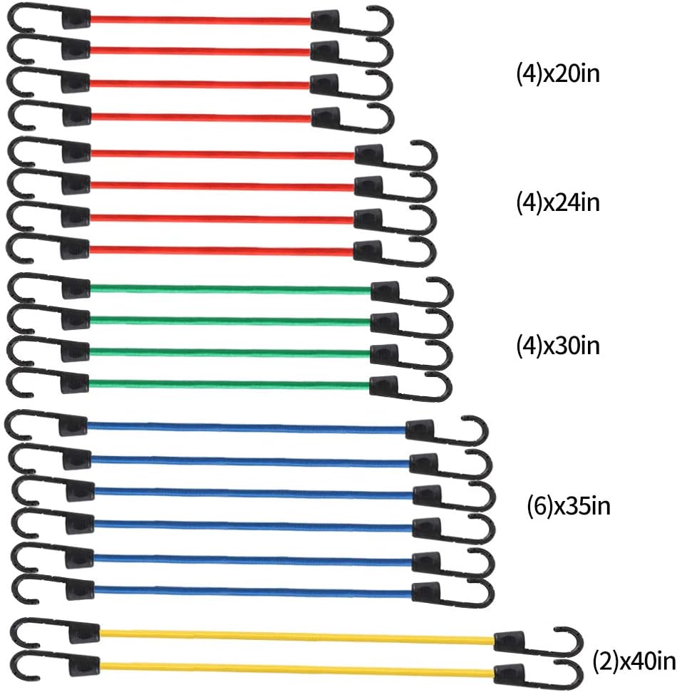 XSTRAP STANDARD 20 Pieces Premium Bungee Cords Assortment - includes 20”, 24”, 30”, 35”, 40” Bungee Cords with Hooks