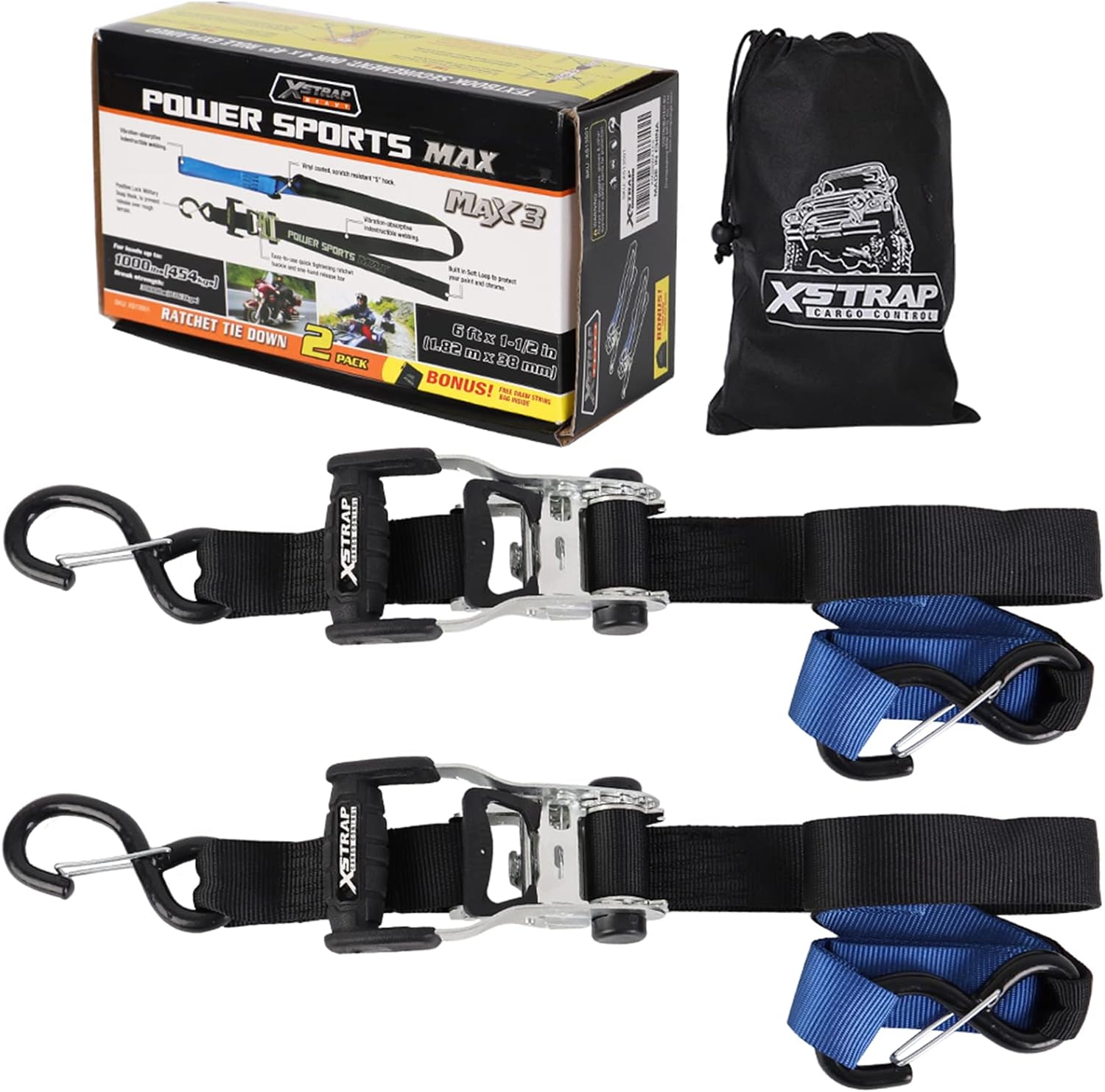 XSTRAP STANDARD Ratchet Tie Down Straps with Safety Clip 2PK 1-1/4