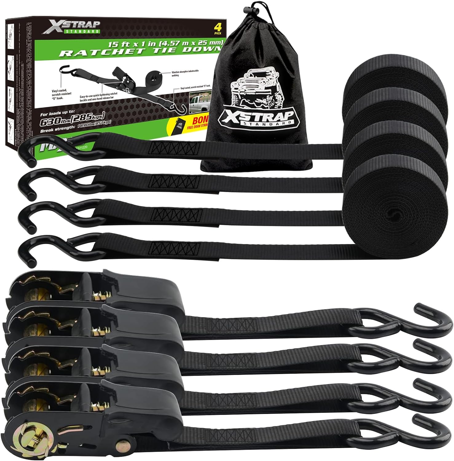 XSTRAP STANDARD Ratchet Tie Down Straps - 4 Pk - 1'' x 15 Ft - 630 Lbs Load Cap 1890 Lbs Break Strength, Cargo Straps for Moving Cargo, Appliances, Lawn Equipment, Motorcycle (Black)