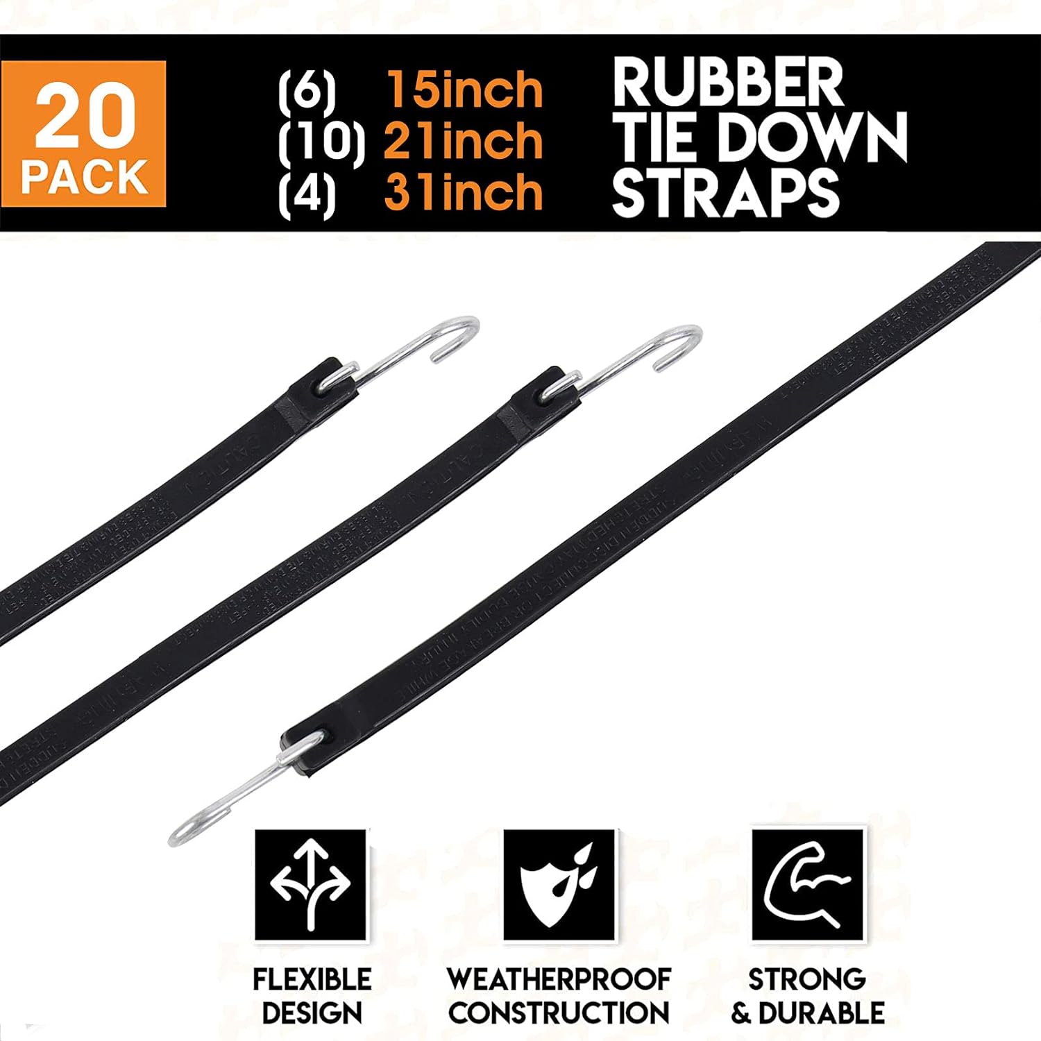 XSTRAP STANDARD Multiple Size Natural Rubber Tarp Bungee Straps Tie Down Cords with S Hooks Heavy Duty Ideal for Securing Tarps - 20 Pack