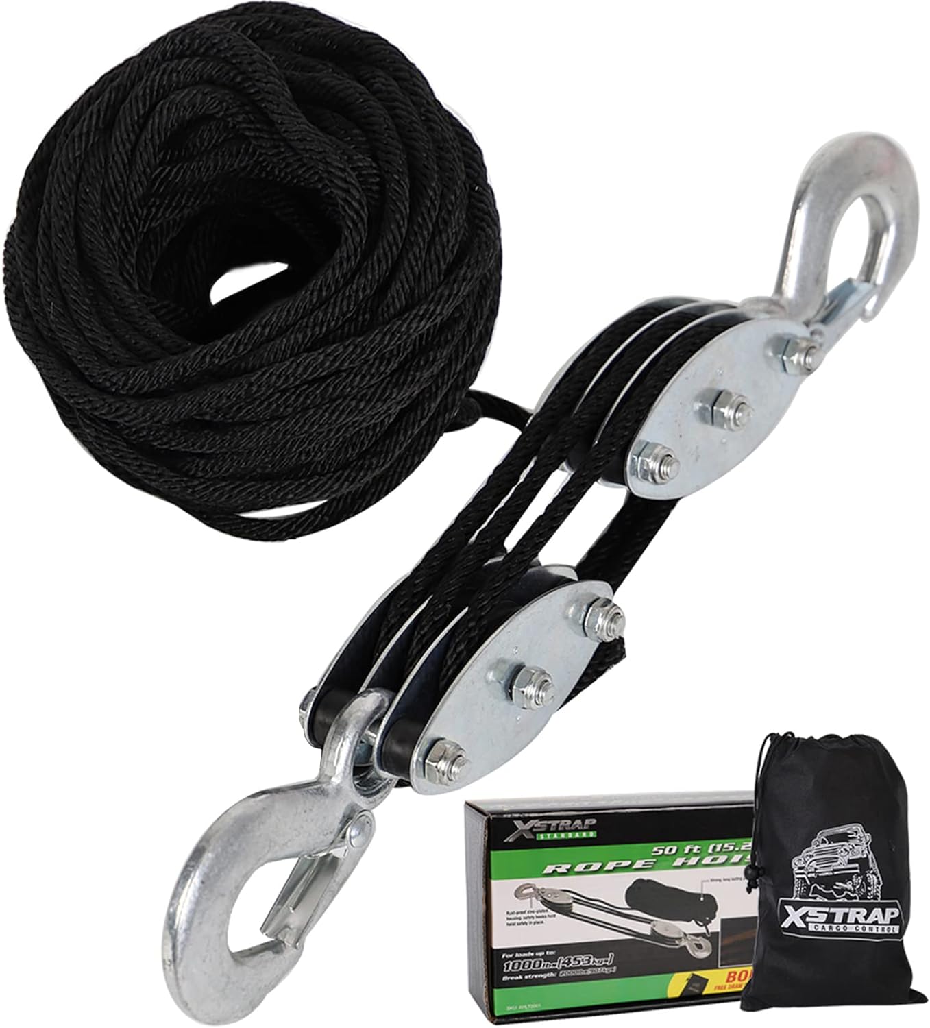 XSTRAP STANDARD Heavy-Duty 2,000 LB Breaking Strength 50 FT Rope Hoist, Metal Wheels Bearing 1000 LB Work Load Block and Tackle Pulley System for Lifting Heavy Objects (White)