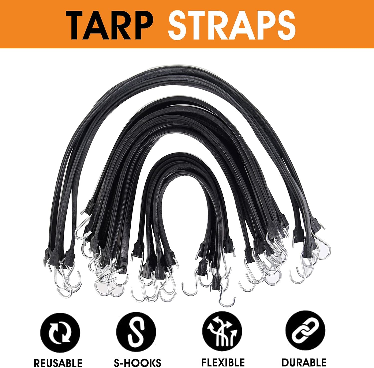 XSTRAP STANDARD Multiple Size Natural Rubber Tarp Bungee Straps Tie Down Cords with S Hooks Heavy Duty Ideal for Securing Tarps - 20 Pack