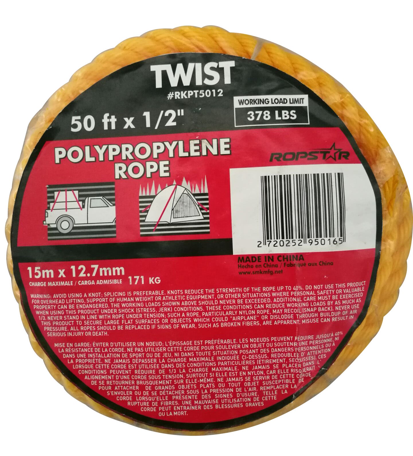 Ropstar  Twist Polypropylene Rope  - 50 ft x 3/8 inch, Durable, Lightweight, and Waterproof Rope for Camping, Boating, and Outdoor Use - 378 lbs Working Load Limit